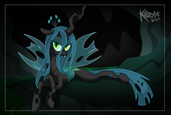 Size: 2325x1570 | Tagged: safe, artist:killryde, queen chrysalis, changeling, changeling queen, g4, crown, female, jewelry, looking at you, lounging, regalia, solo, transparent wings, wings