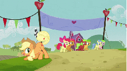 Size: 576x324 | Tagged: safe, screencap, apple bloom, apple flora, apple squash, applejack, babs seed, red june, sweet tooth, earth pony, pony, apple family reunion, g4, animated, apple family member, female, gif, prehensile tail, tail hold