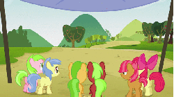 Size: 576x324 | Tagged: safe, screencap, apple bloom, apple flora, apple squash, applejack, babs seed, red june, sweet tooth, apple family reunion, g4, animated, apple family member, butt, female, gif, plot
