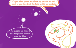 Size: 882x562 | Tagged: safe, artist:weaver, applejack, earth pony, pony, g4, applejack's parents, dialogue, female, jossed, looking up, mare, missing accessory, night, night sky, parent, shooting star, sky, speech bubble, weaver you magnificent bastard