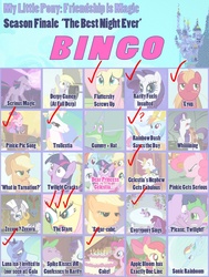 Size: 1000x1323 | Tagged: safe, apple bloom, applejack, berry punch, berryshine, big macintosh, bon bon, derpy hooves, fluttershy, gummy, lemon hearts, pinkie pie, prince blueblood, princess celestia, princess luna, rainbow dash, rarity, spike, sweetie drops, twilight sparkle, zecora, earth pony, pony, zebra, g4, bingo, cake, hat, hug, male, mane seven, mane six, meta, stallion