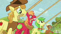 Size: 640x360 | Tagged: safe, screencap, apple fritter, big macintosh, braeburn, meadow song, earth pony, pony, apple family reunion, g4, animated, apple family, apple family member, female, male, mare, ponies standing next to each other, rope, stallion