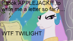 Size: 1280x720 | Tagged: safe, edit, edited screencap, screencap, applejack, princess celestia, twilight sparkle, apple family reunion, g4, bitchlestia