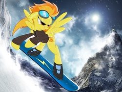 Size: 1600x1200 | Tagged: safe, artist:spitshy, spitfire, pegasus, pony, g4, clothes, female, goggles, jacket, mare, mountain, snow, snowboard, snowboarding, solo