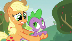 Size: 472x270 | Tagged: safe, screencap, applejack, spike, apple family reunion, g4, animation error, hug