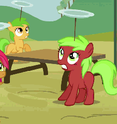 Size: 499x528 | Tagged: safe, screencap, apple squash, babs seed, red june, earth pony, pony, apple family reunion, g4, animated, apple family member, fail, female, filly, plate, plate spinning