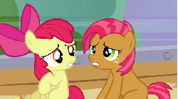 Size: 576x324 | Tagged: safe, screencap, apple bloom, babs seed, apple family reunion, g4, animated, female, scared, sitting