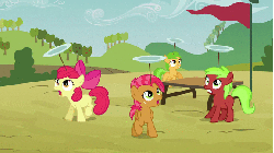 Size: 576x324 | Tagged: safe, screencap, apple bloom, apple squash, babs seed, red june, earth pony, pony, apple family reunion, g4, animated, apple family member, female, plate, plate spinning