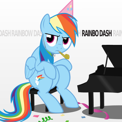 Size: 1024x1024 | Tagged: safe, artist:codefox421, rainbow dash, pegasus, pony, g4, annoyed, bo burnham, confetti, female, hat, mare, musical instrument, noisemaker, party hat, party horn, piano, rainbow dash is not amused, reference, simple background, sitting, solo, streamers, text, unamused, white background