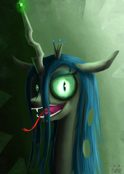 Size: 1000x1400 | Tagged: safe, artist:cheshiresdesires, queen chrysalis, changeling, changeling queen, g4, crown, female, jewelry, regalia, solo, tongue out