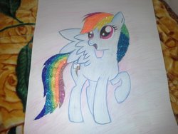 Size: 900x675 | Tagged: safe, artist:rdy4zimpact, rainbow dash, pegasus, pony, g4, female, glitter, mare, raised hoof, solo, spread wings, traditional art, wings