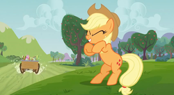 Size: 851x468 | Tagged: safe, screencap, applejack, apple family reunion, g4, laughing