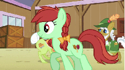 Size: 576x324 | Tagged: safe, screencap, apple cinnamon, apple fritter, apple strudel, applejack, candy apples, florina tart, granny smith, perfect pie, pomegranate (g4), apple family reunion, g4, animated, apple family member, dancing, female