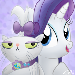 Size: 800x800 | Tagged: safe, artist:leibi97, opalescence, rarity, cat, pony, unicorn, g4, bust, female, mare, open mouth