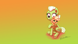 Size: 2000x1125 | Tagged: safe, artist:esuka, applejack, granny smith, apple family reunion, g4, babyjack, wallpaper