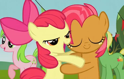 Size: 532x340 | Tagged: safe, screencap, apple bloom, babs seed, red gala, wensley, earth pony, pony, apple family reunion, g4, apple family member, female, filly, foal, hug, mare, mid-blink screencap