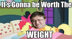 Size: 640x348 | Tagged: safe, apple bloom, applejack, apple family reunion, g4, gabe newell, image macro, photo, worth the weight