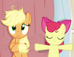 Size: 1394x1080 | Tagged: safe, screencap, apple bloom, applejack, earth pony, pony, apple family reunion, g4, bed, female, filly, implications, mare, on back, out of context, pillow