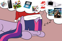 Size: 1200x800 | Tagged: dead source, safe, artist:ask1337twilight, twilight sparkle, pony, unicorn, g4, 3ds, ask, christmas, dream, hair over eyes, hat, hidden eyes, holiday, iphone, male, mario, onomatopoeia, pokémon, prone, santa hat, sleeping, sound effects, super mario bros., tumblr, unicorn twilight, video game, wii u, zzz