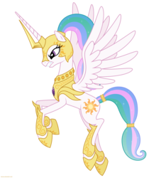 Size: 5000x5500 | Tagged: safe, artist:larsurus, princess celestia, alicorn, pony, g4, absurd resolution, armor, armored pony, female, flying, mare, simple background, solo, spread wings, transparent background, warrior celestia, wings