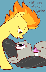 Size: 822x1280 | Tagged: safe, artist:whatsapokemon, octavia melody, spitfire, g4, bedroom eyes, blushing, female, lesbian, looking at each other, mare, on back, open mouth, ship:spittavia, shipping, simple background, smiling