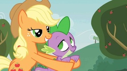 Size: 640x360 | Tagged: safe, screencap, applejack, spike, apple family reunion, g4, season 3, animation error, out of context