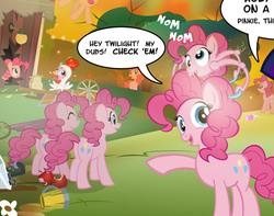 Size: 562x443 | Tagged: safe, artist:pixelkitties, pinkie pie, pony, g4, animal costume, apple, butt, chicken suit, cider, clone, clothes, costume, dubs, eyes closed, female, flower, food, mare, offscreen character, plot, sink, tree