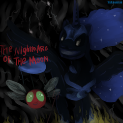 Size: 1492x1492 | Tagged: safe, artist:shiki01, nightmare moon, parasprite, g4, album cover, iron maiden, parody