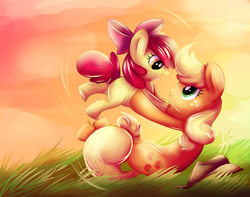 Size: 3809x3000 | Tagged: safe, artist:strychninehellfriend, apple bloom, applejack, earth pony, pony, g4, adorabloom, apple bloom's bow, applejack's hat, bow, cowboy hat, cute, female, freckles, hair bow, happy, hat, hatless, holding a pony, jackabetes, missing accessory, playing, sisters, smiling