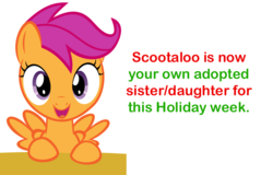 Size: 706x452 | Tagged: safe, artist:fluffytuli, scootaloo, g4, adoption, bronybait, christmas, cute, cutealoo, meta, scootadoption, text