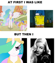 Size: 1188x1364 | Tagged: safe, edit, edited screencap, screencap, princess celestia, alicorn, earth pony, human, pony, sea sponge, unicorn, g4, female, horn, irl, irl human, just one bite, male, mare, photo, smiling, spongebob squarepants, spongebob squarepants (character), veronica lake, you like krabby patties don't you squidward?