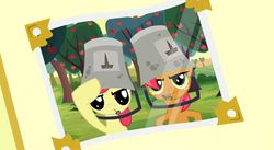Size: 1174x644 | Tagged: safe, screencap, apple bloom, babs seed, earth pony, pony, apple family reunion, g4, season 3, apple, apple tree, bucket, duo, female, filly, foal, mouth hold, nails, photo, photo album, tree
