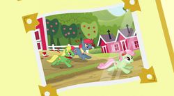 Size: 1175x649 | Tagged: safe, screencap, apple split, florina tart, half baked apple, wensley, earth pony, pony, apple family reunion, g4, my little pony: friendship is magic, season 3, apple family member, female, male, mare, paintbrush, stallion