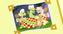 Size: 1174x640 | Tagged: safe, screencap, apple rose, applejack, auntie applesauce, granny smith, earth pony, pony, apple family reunion, g4, my little pony: friendship is magic, season 3, false teeth, female, mare, photo, quilt