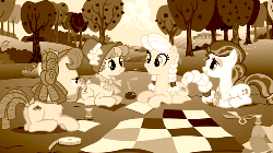Size: 500x281 | Tagged: safe, screencap, apple rose, auntie applesauce, granny smith, sew 'n sow, earth pony, pony, apple family reunion, g4, animated, female, flashback, sepia, young apple rose, young auntie applesauce, young granny smith, younger