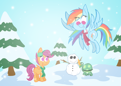 Size: 2273x1622 | Tagged: safe, artist:iguana14, rainbow dash, scootaloo, tank, g4, clothes, earmuffs, scarf, snow, snowfall, snowman