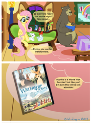 Size: 818x1089 | Tagged: safe, artist:bibliodragon, angel bunny, fluttershy, harry, bird, blue jay, chicken, keel-billed toucan, pegasus, pony, toucan, g4, comic, fs doesn't know what she's getting into, popcorn, this will end in tears, transformers, watership down