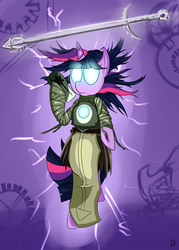 Size: 1000x1400 | Tagged: safe, artist:cheshiresdesires, twilight sparkle, pony, g4, crossover, female, glowing eyes, nox, noximilian, solo, sword, wakfu, weapon, wip, xelor