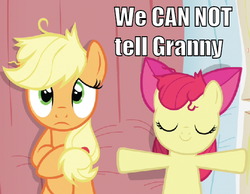 Size: 524x407 | Tagged: safe, edit, edited screencap, screencap, apple bloom, applejack, earth pony, pony, apple family reunion, g4, bed, caption, eyes closed, female, filly, image macro, mare, on back, out of context, pillow