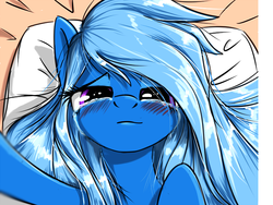 Size: 800x600 | Tagged: safe, artist:madhotaru, trixie, pony, g4, bedroom eyes, blushing, crying, female, looking at you, mare, messy mane, on back, pov, smiling, solo