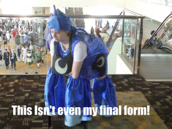 Size: 1306x980 | Tagged: safe, princess luna, human, g4, avatar the last airbender, cosplay, image macro, irl, irl human, photo, the encumbered, this isn't even my final form, toph bei fong