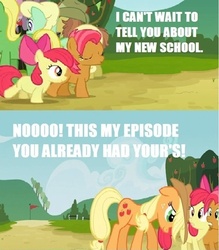Size: 500x570 | Tagged: safe, apple bloom, applejack, babs seed, apple family reunion, g4, image macro