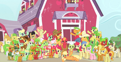 Size: 500x255 | Tagged: safe, screencap, apple bloom, apple bumpkin, apple cinnamon, apple cobbler, apple crumble, apple dumpling, apple fritter, apple honey, apple leaves, apple mint, apple rose, apple split, apple squash, apple strudel, apple tarty, apple top, applejack, aunt orange, auntie applesauce, babs seed, big macintosh, braeburn, bushel, candy apples, florina tart, gala appleby, golden delicious, granny smith, half baked apple, hayseed turnip truck, hoss, jonagold, liberty belle, marmalade jalapeno popette, mosely orange, perfect pie, pink lady, red delicious, red gala, red june, sweet tooth, uncle orange, wensley, earth pony, pony, unicorn, apple family reunion, g4, season 3, animation error, apple family member, background pony, female, filly, male, mare, ship:the oranges, soon, stallion