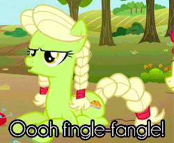 Size: 500x413 | Tagged: safe, edit, edited screencap, screencap, granny smith, apple family reunion, g4, animated, female, fingle fangle, image macro, young granny smith, younger