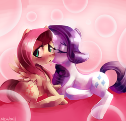 Size: 1000x955 | Tagged: safe, artist:mewball, fluttershy, rarity, pegasus, pony, unicorn, g4, blushing, butt, cheek kiss, duo, duo female, embarrassed, eyes closed, female, heart, kissing, lesbian, looking back, lying down, mare, plot, prone, ship:flarity, shipping, strategically covered