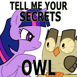 Size: 1000x1000 | Tagged: safe, artist:madmax, owlowiscious, twilight sparkle, g4, meme, parody, tell me your secrets