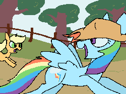 Size: 800x600 | Tagged: safe, artist:weaver, applejack, rainbow dash, earth pony, pegasus, pony, g4, accessory swap, accessory theft, angry, chase, gif, hat, looking back, non-animated gif, open mouth, open smile, rainbow dash wearing applejack's hat, running, smiling