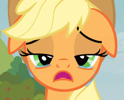 Size: 891x715 | Tagged: safe, screencap, applejack, earth pony, pony, apple family reunion, g4, bust, cropped, crying, female, mare, portrait, teary eyes, unhapplejack