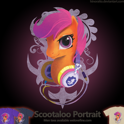 Size: 1299x1299 | Tagged: safe, artist:hinoraito, scootaloo, pony, g4, official, clothes, female, headphones, smiling, solo, t-shirt, welovefine