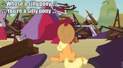 Size: 960x535 | Tagged: safe, edit, edited screencap, screencap, applejack, earth pony, pony, apple family reunion, g4, barn, destruction, everything is ruined, female, image macro, mare, music notes, ruins, sad, seven songs and a story, silly, silly pony, sitting, solo, song, song reference, text, unhapplejack, who's a silly pony